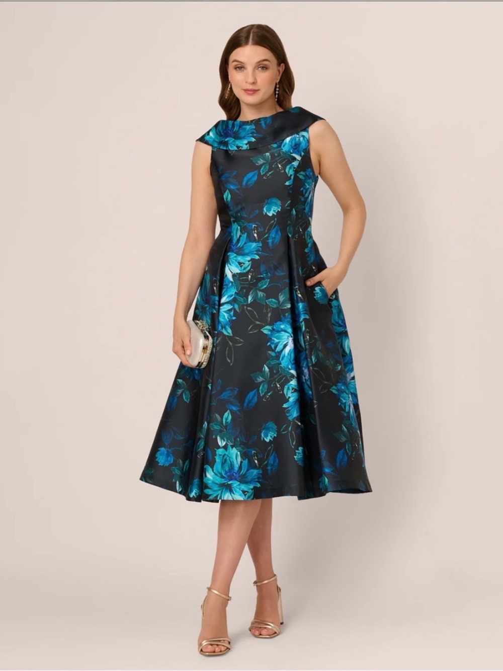 Adrianna Papell Midi Dress with Teal Floral Print